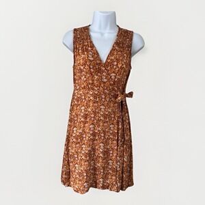 Womens Ditsy Floral Sleeveless Wrap Dress Small Orange 70s Retro Cottagecore